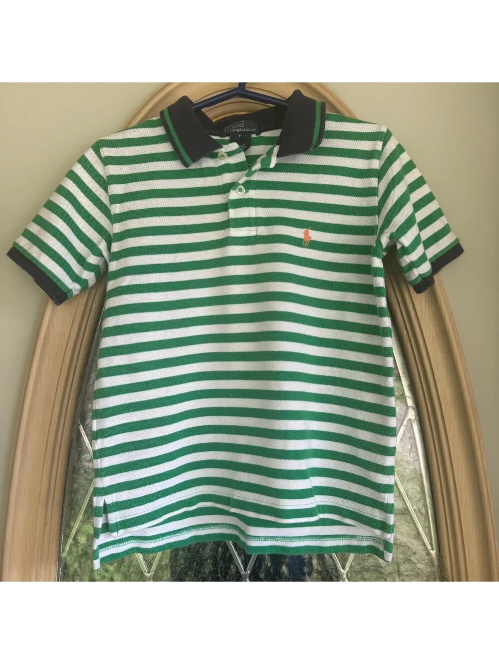 Polo by Ralph Lauren Boys' Green and White Striped Cotton Polo Shirt Size 7